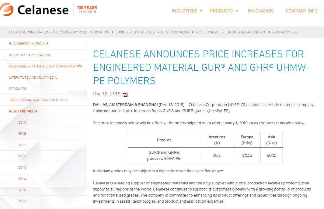 塞拉尼斯宣布上涨GUR®和GHR®UHMW-PE聚合物价格
